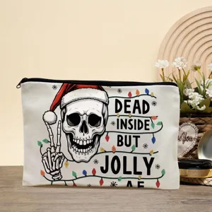 Detailansicht der Leinentasche mit lustigem Feiertags-Skelett-Grafikdesign und Text.