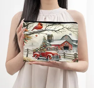 Christmas red truck canvas pouch, cute holiday storage bag and large capacity cosmetic organizer.
