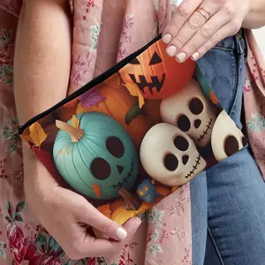 Halloween Totenkopf Kürbis Kosmetiktasche, Retro Make-up Beutel Detailansicht mit Reißverschluss.