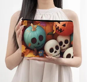 Halloween Kürbis Totenkopf Kosmetiktasche Detailansicht, praktische Reißverschluss Tasche.