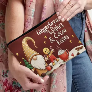 Christmas gingerbread gnome zipper makeup bag cute holiday clutch canvas cosmetic pouch