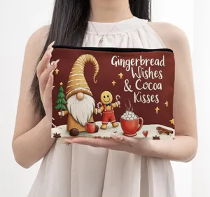 Christmas gingerbread gnome cosmetic pouch detailed view featuring festive holiday artwork.