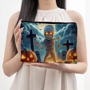 Halloween spooky canvas cosmetic bag portable makeup pouch zipper travel toiletry organizer