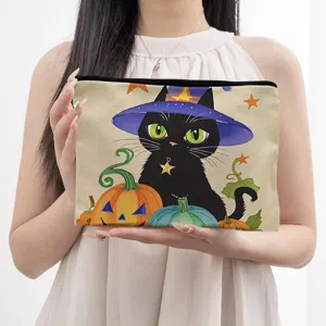 Halloween Black Cat Witch Hat Canvas Cosmetic Pouch Portable Travel Makeup Storage Bag
