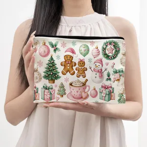 Christmas Canvas Storage Bag Large Capacity Portable Makeup Organizer Festive Printed Zipper Pouch Travel Handbag