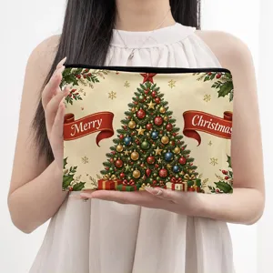 Christmas canvas zipper pouch with cute holiday tree design, portable travel makeup storage bag.