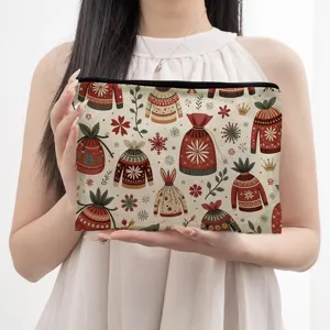 Trousse de maquillage portable pour femme avec imprimé pull d'hiver et flocon, vue principale.