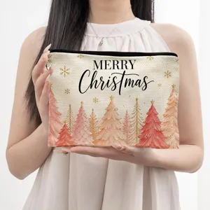 Cute Christmas canvas cosmetic bag with pink tree print, portable large storage pouch for holiday.