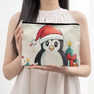 Large capacity Christmas penguin cosmetic bag, polyester makeup storage pouch for travel.