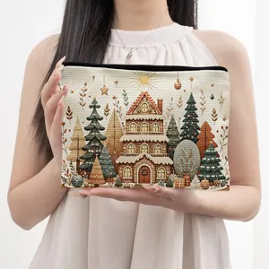 Christmas Digital Printed Canvas Cosmetic Bag Festive Holiday Travel Toiletry Pouch Portable Makeup Organizer Zipper Bag