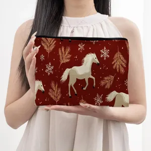 Weihnachten rote Kosmetiktasche mit weißem Pferd und Kiefernzweig Druck Make-up Tasche