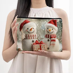 Christmas snowman print zippered canvas pouch handbag fashion holiday gift storage bag main view