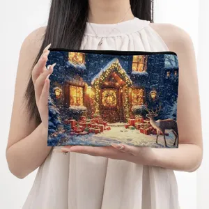 Christmas themed digital print cosmetic bag zipper pouch holiday gift storage handbag