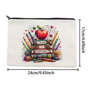 Teacher canvas makeup bag portable pencil pouch zipper cosmetic bag with cute book apple print