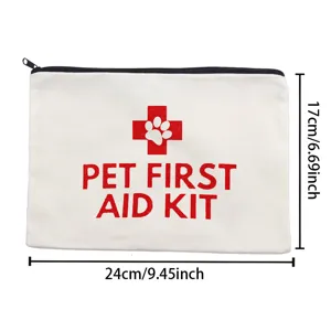 Canvas pet first aid kit storage bag detail view, zipper closure and clear printed graphics.