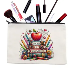 Teacher theme canvas makeup bag detail, cute apple and books print, portable zipper pouch.