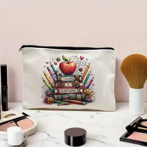 Canvas teacher makeup bag with cute book apple print, portable zipper pouch for gifts