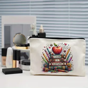 Teacher theme canvas makeup bag pencil pouch portable zipper storage bag for daily gift.