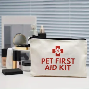 White canvas pet first aid kit storage bag with red paw print zipper cosmetic pouch