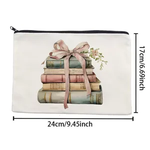 Canvas makeup bag with vintage book and pink bow print, zipper storage pouch for daily use.