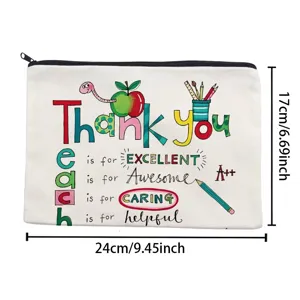 Detail view of canvas teacher appreciation zipper pouch with apple and pencil print, 24x17cm.
