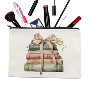Canvas cosmetic bag watercolor book print zipper makeup storage pouch travel organizer