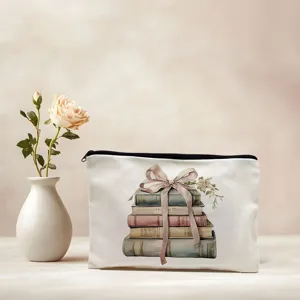 Vintage book print canvas cosmetic bag, elegant makeup pouch and daily storage organizer.
