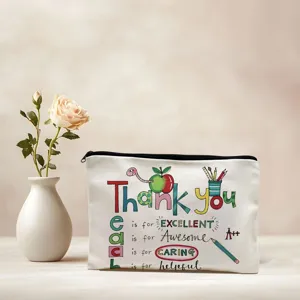 Teacher appreciation canvas makeup bag zippered cosmetic pouch for graduation gifts detail view.