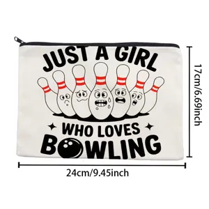 Canvas bowling makeup bag zipper pouch storage bag with cute bowling pins print, 24x17cm.