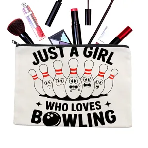 Canvas makeup bag with funny bowling pins print, portable zipper cosmetic pouch for women girls