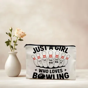 Canvas makeup bag with cute bowling pins print, portable cosmetic pouch for travel daily use.
