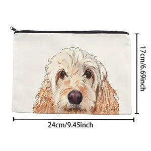 Cute dog print canvas makeup bag, portable travel cosmetic pouch with zipper for women.