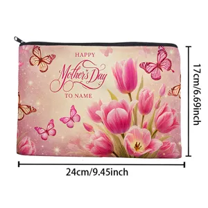 Trousse de maquillage en toile avec tulipes roses et papillons, fermeture éclair, 24x17cm.