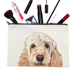Canvas makeup bag with cute dog print, portable zipper cosmetic storage pouch for travel.