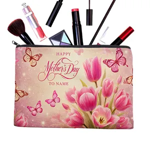 Trousse de maquillage en toile avec tulipes roses et papillons, pochette de voyage zippée.