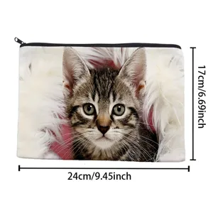 Cute kitten print cosmetic bag, canvas zipper pouch for travel and daily storage organizing.