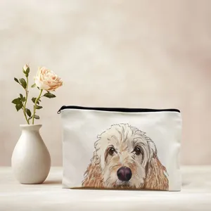 Cute dog print canvas makeup bag portable cosmetic pouch for travel daily use storage.