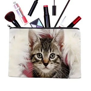 Detailed view of a cute kitten print canvas makeup bag with cosmetic pattern, large capacity.