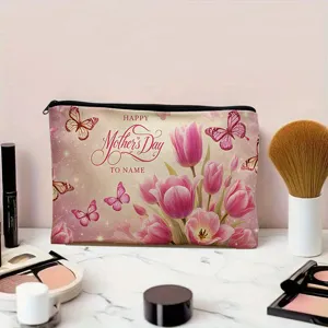 Trousse de maquillage en toile avec imprimé tulipes roses et papillons, pochette zippée voyage.