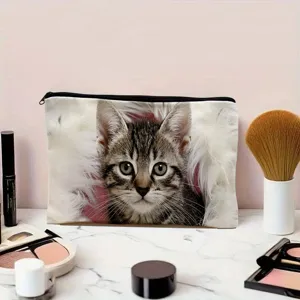 Cute Tabby Kitten Print Cosmetic Bag Makeup Pouch Travel Storage Organizer Toiletry Bag