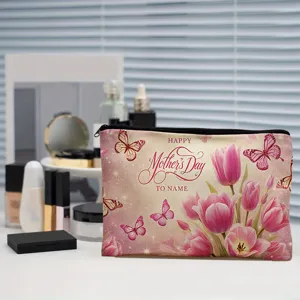 Trousse de maquillage en toile avec motif de tulipes roses et papillons pour rangement voyage.