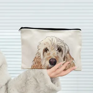 Close up detail view of cute fluffy dog illustration canvas cosmetic bag zipper pouch.