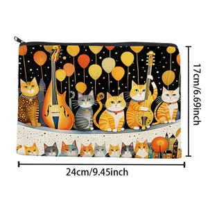 Canvas cosmetic makeup bag with cute cat and music instrument print, portable zipper pouch.