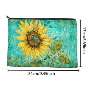 Trousse de maquillage en toile pochette zippée étui à crayons avec motif tournesol vintage.