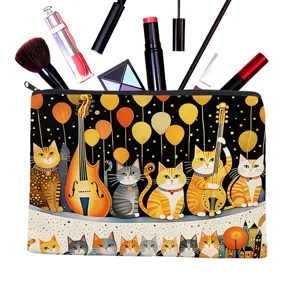 Canvas makeup bag with artistic cat and musical instruments print, portable travel organizer pouch.