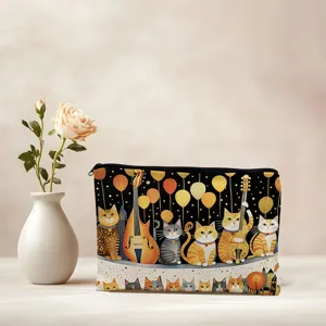 Artistic cat print cosmetic bag, stylish canvas makeup pouch and portable travel wash bag.