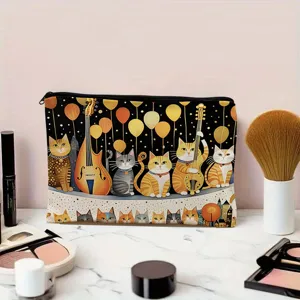 Close-up view of a cute cat art print cosmetic bag featuring musical instruments and balloons.