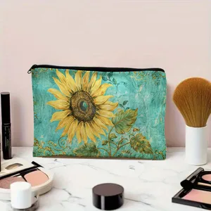 Détail de la trousse de maquillage en toile avec motif tournesol et fermeture à glissière.