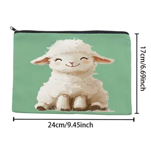 Green canvas cosmetic bag with cute cartoon lamb print, portable travel makeup storage pouch.