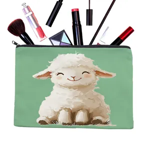 Cute cartoon lamb print cosmetic bag, portable zipper makeup pouch for travel and daily storage.
